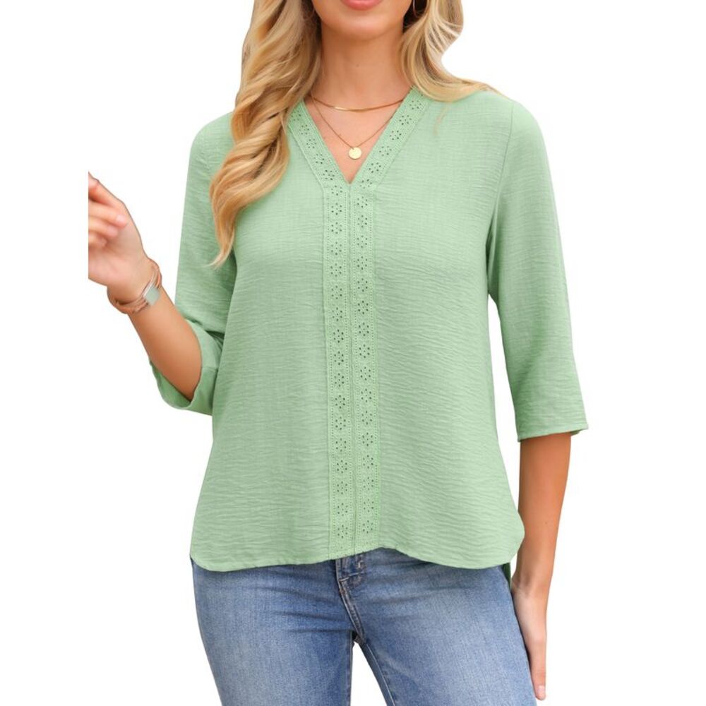 Women Casual Loose Embroidery Patchwork 3/4 Sleeve V Neck Blouse Green